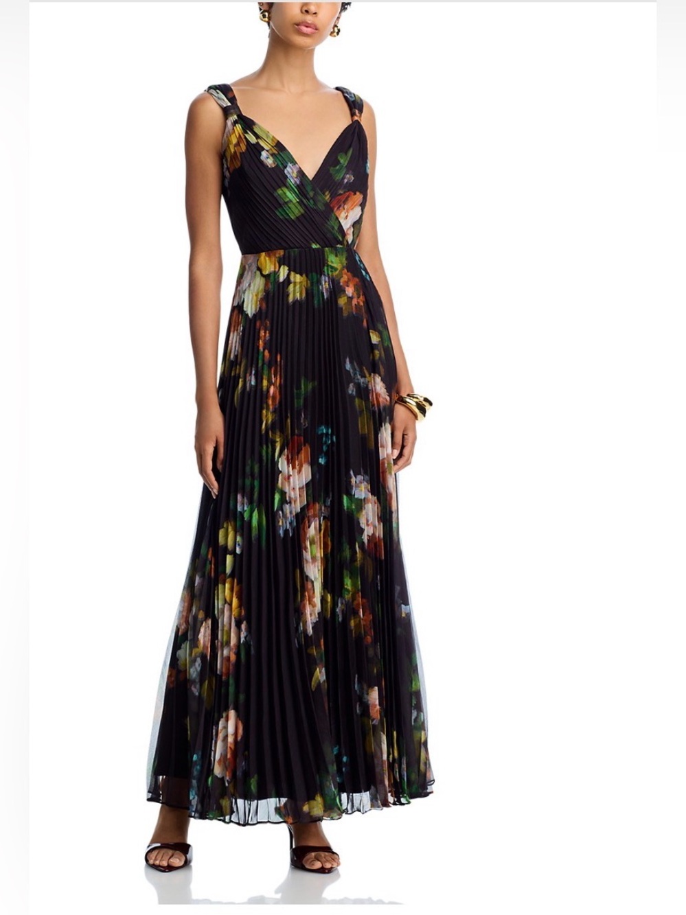 Aqua Black Floral Pleated Maxi Dress